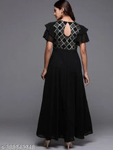 Black georgette maxi dress with keyhole detailing, ruffled sleeves, and embellished sequins - ideal for festive events